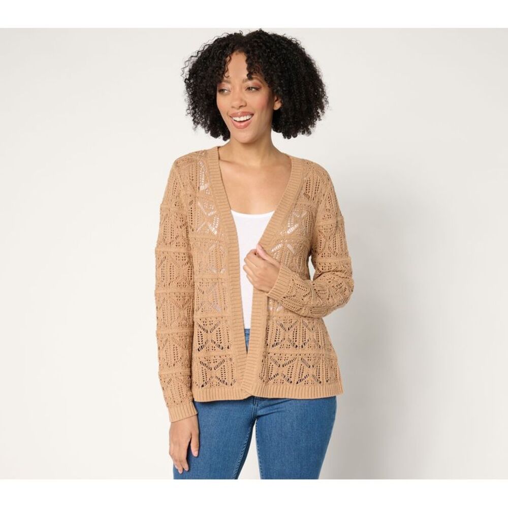 Women Control Women's Top Sweater Sz L 100% Cotton Crochet Cardigan Brown